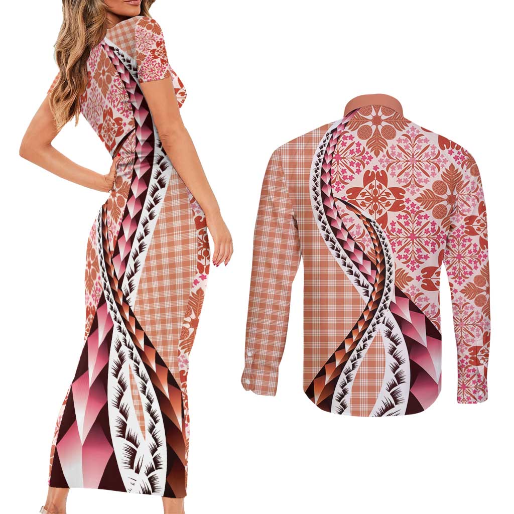 Aloha Vintage Palaka Floral Hawaiian Quilt Couples Matching Short Sleeve Bodycon Dress and Long Sleeve Button Shirt Ulaula Motif - Polynesian Pride