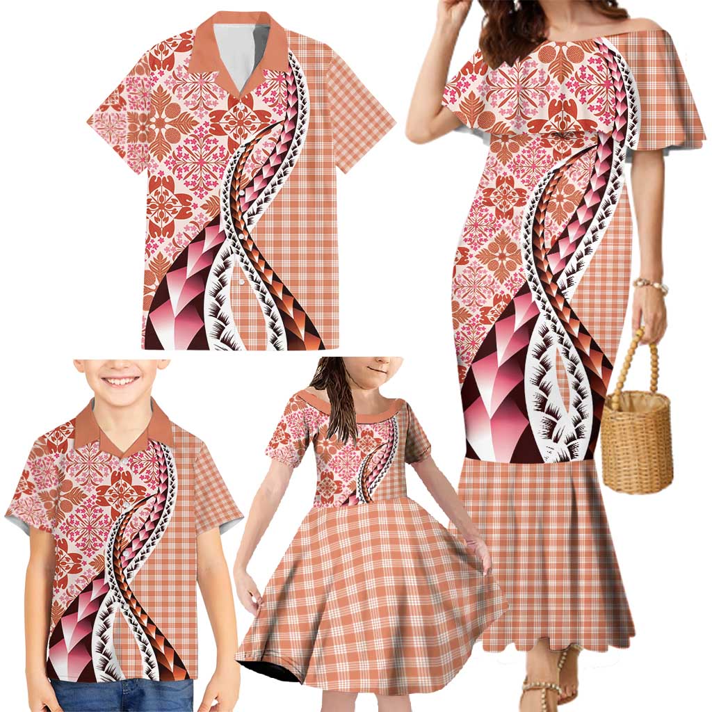 Aloha Vintage Palaka Floral Hawaiian Quilt Family Matching Mermaid Dress and Hawaiian Shirt Ulaula Motif - Polynesian Pride