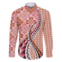 Aloha Vintage Palaka Floral Hawaiian Quilt Family Matching Off The Shoulder Long Sleeve Dress and Hawaiian Shirt Ulaula Motif - Polynesian Pride