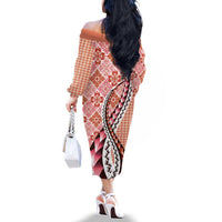 Aloha Vintage Palaka Floral Hawaiian Quilt Family Matching Off The Shoulder Long Sleeve Dress and Hawaiian Shirt Ulaula Motif - Polynesian Pride