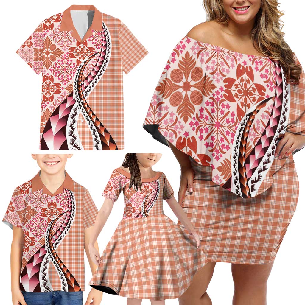 Aloha Vintage Palaka Floral Hawaiian Quilt Family Matching Off Shoulder Short Dress and Hawaiian Shirt Ulaula Motif - Polynesian Pride