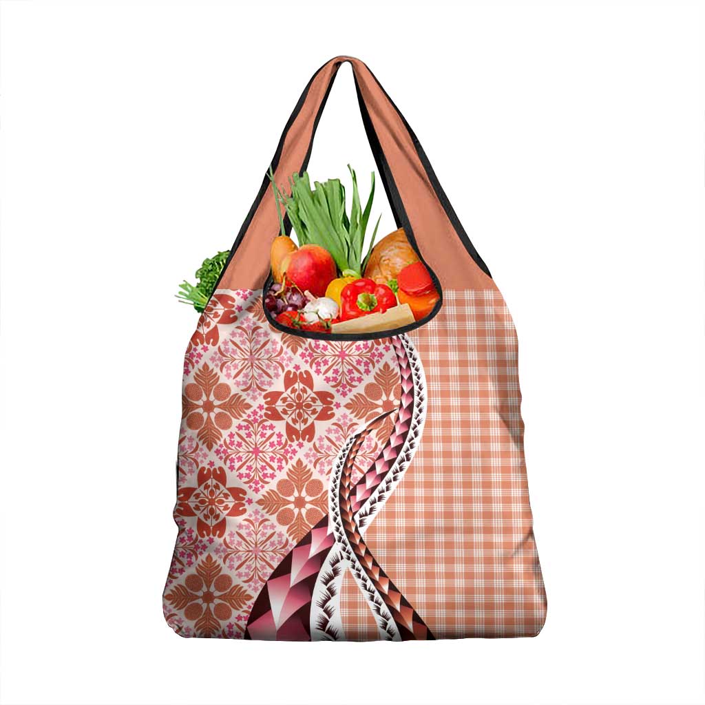 Aloha Vintage Palaka Floral Hawaiian Quilt Grocery Bag Ulaula Motif - Polynesian Pride