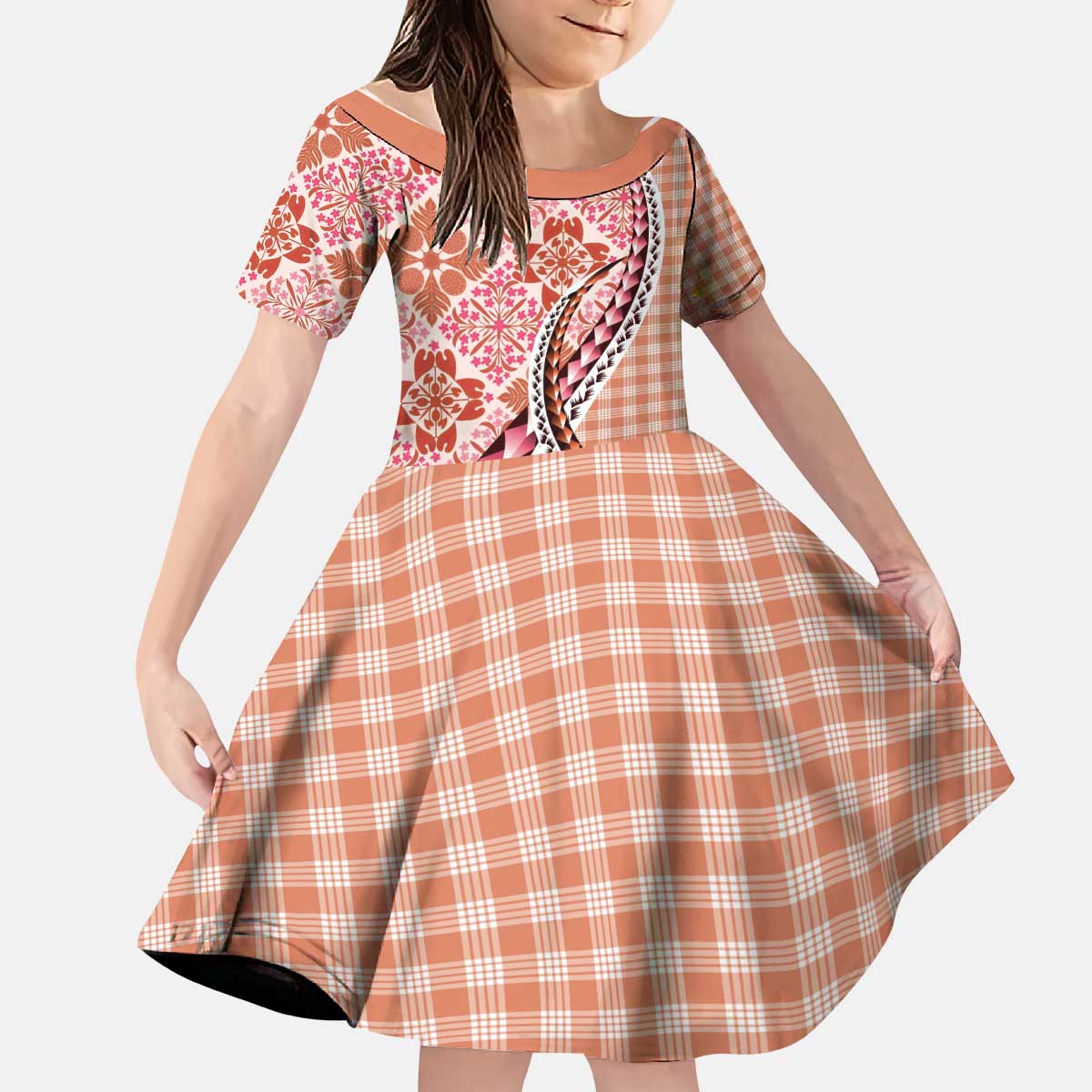 Aloha Vintage Palaka Floral Hawaiian Quilt Kid Short Sleeve Dress Ulaula Motif - Polynesian Pride