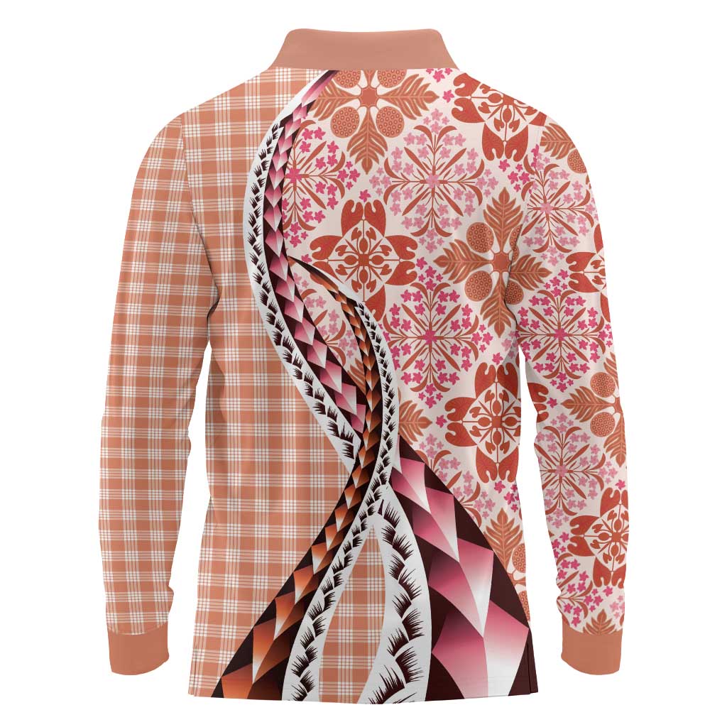 Aloha Vintage Palaka Floral Hawaiian Quilt Long Sleeve Polo Shirt Ulaula Motif - Polynesian Pride