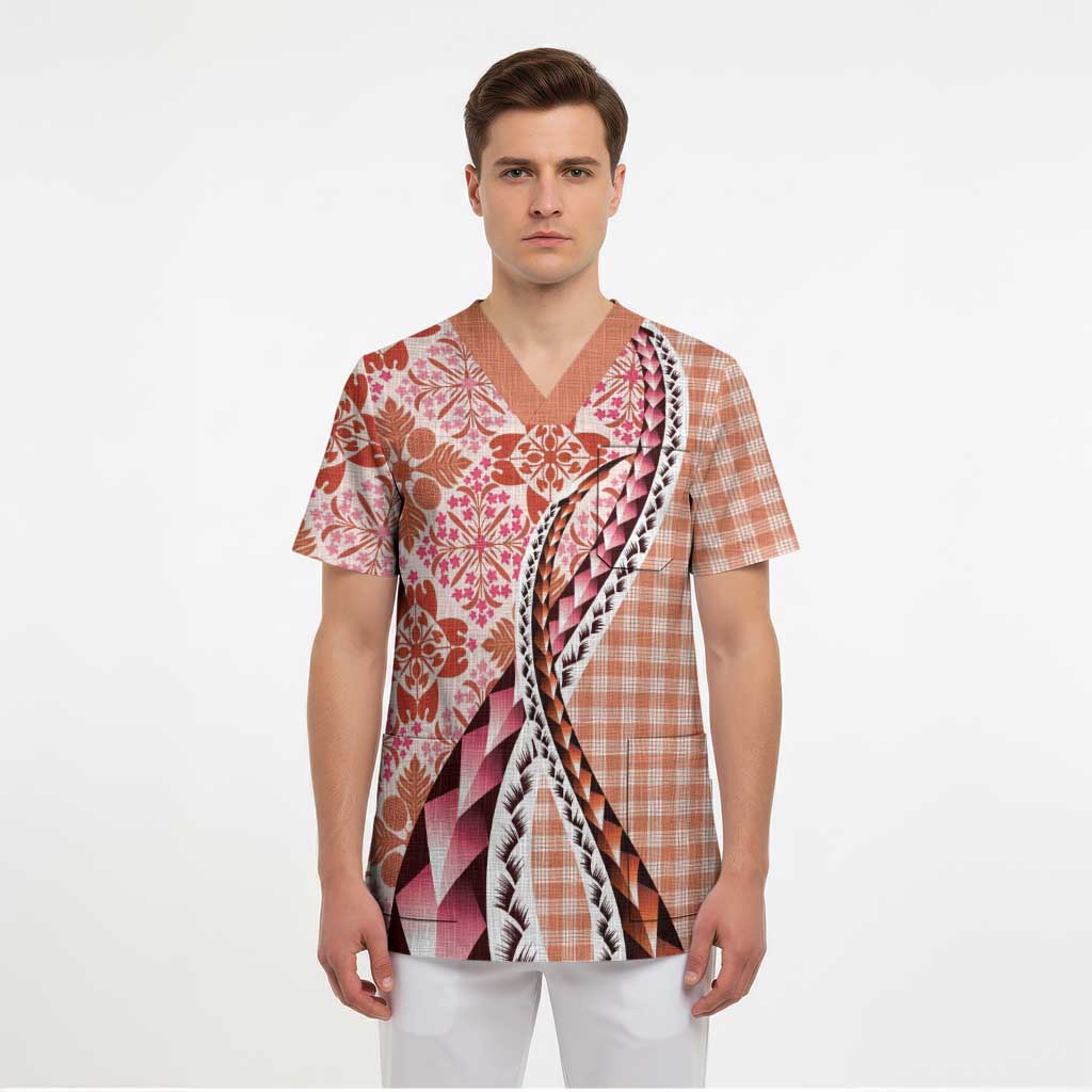 Aloha Vintage Palaka Floral Hawaiian Quilt Scrub Top Ulaula Motif - Polynesian Pride