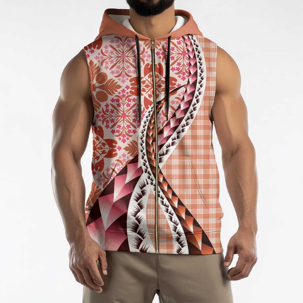 Aloha Vintage Palaka Floral Hawaiian Quilt Sleeveless Zip Hoodie Ulaula Motif - Polynesian Pride