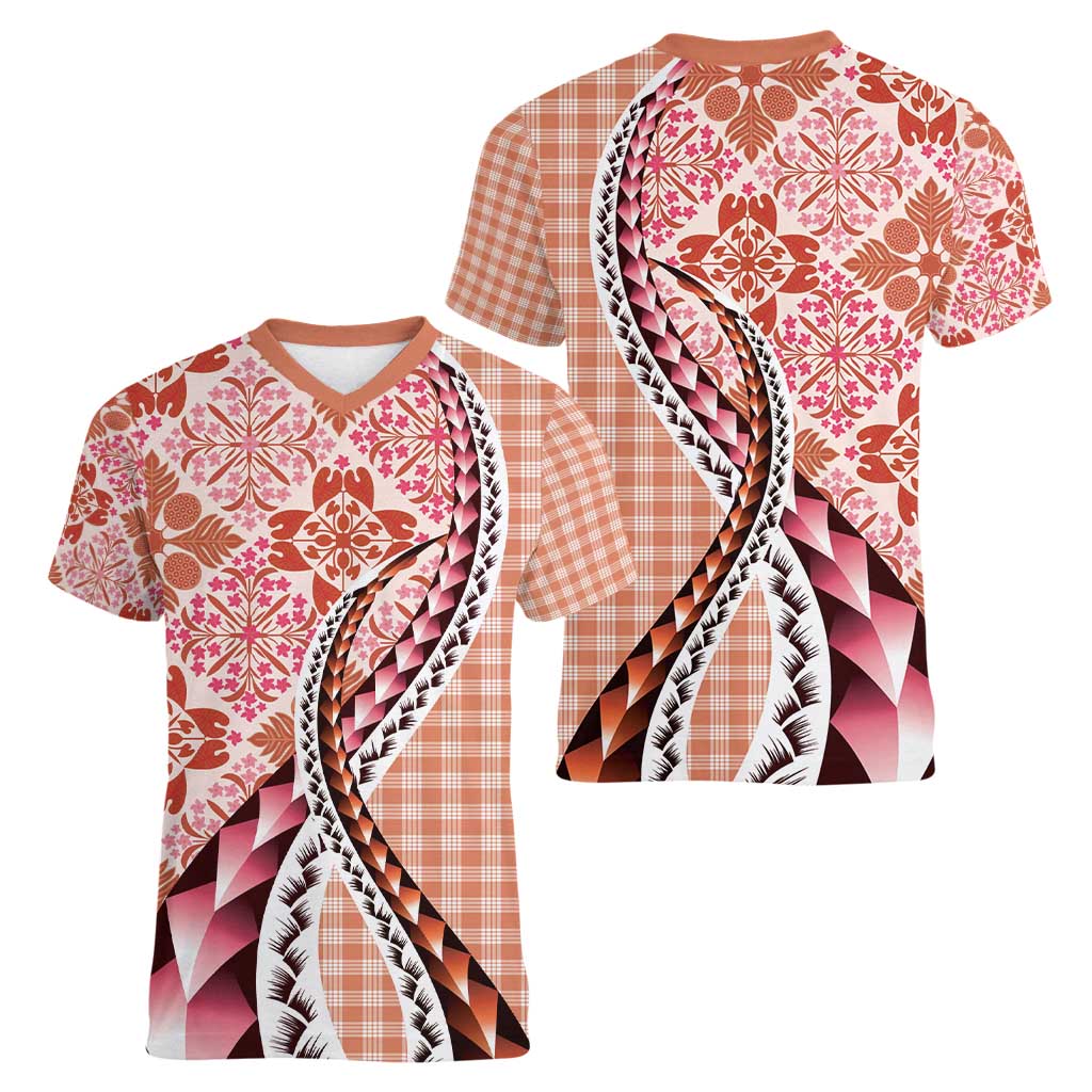 Aloha Vintage Palaka Floral Hawaiian Quilt Women V-Neck T-Shirt Ulaula Motif - Polynesian Pride