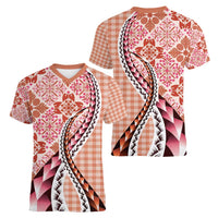 Aloha Vintage Palaka Floral Hawaiian Quilt Women V-Neck T-Shirt Ulaula Motif - Polynesian Pride