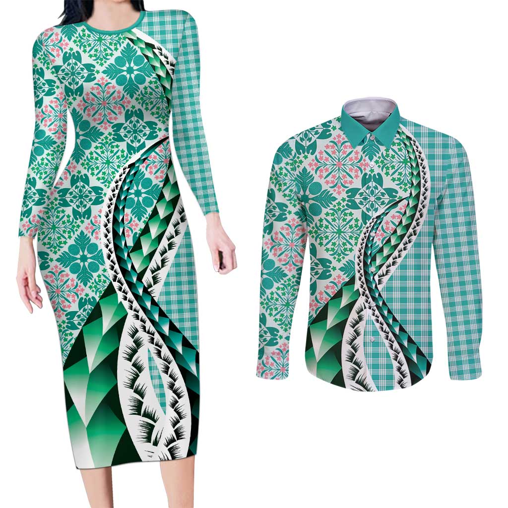 Aloha Vintage Palaka Floral Hawaiian Quilt Couples Matching Long Sleeve Bodycon Dress and Long Sleeve Button Shirt Polu Motif - Polynesian Pride