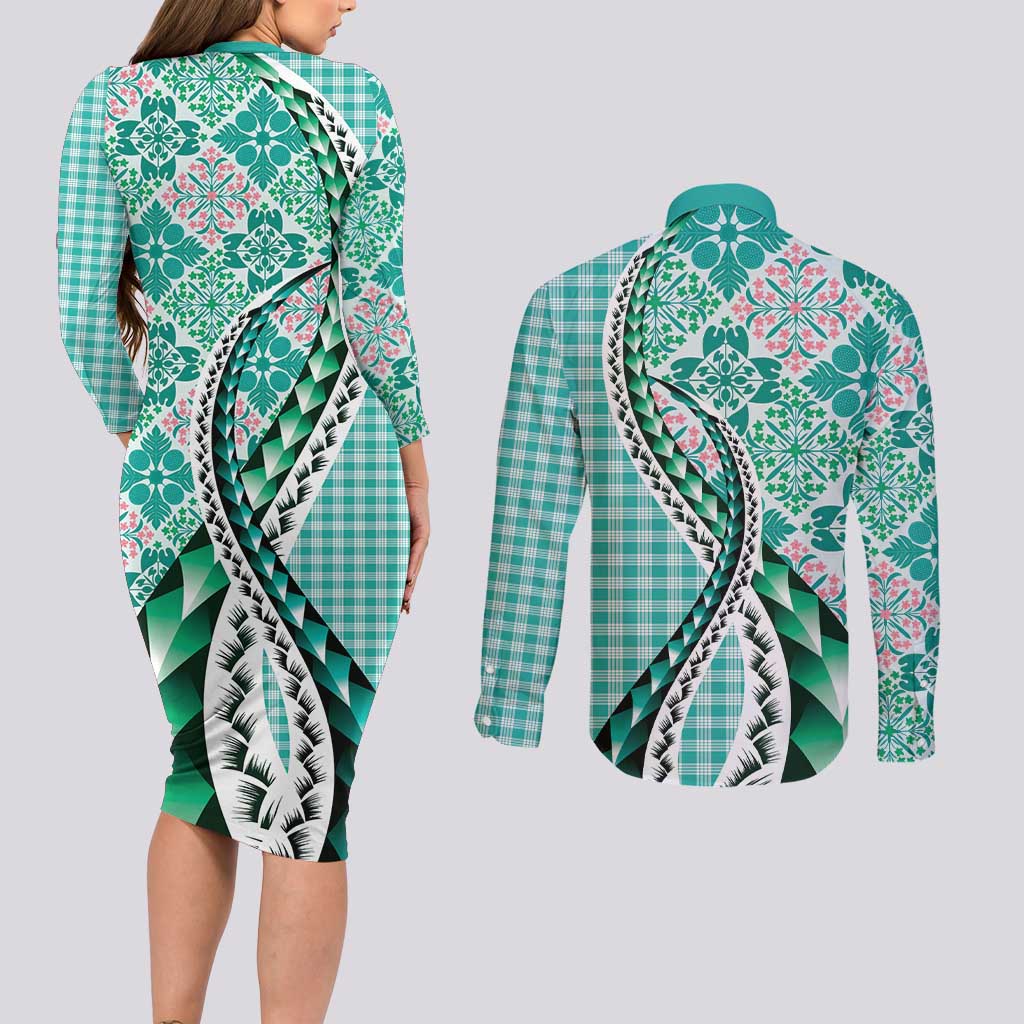 Aloha Vintage Palaka Floral Hawaiian Quilt Couples Matching Long Sleeve Bodycon Dress and Long Sleeve Button Shirt Polu Motif - Polynesian Pride