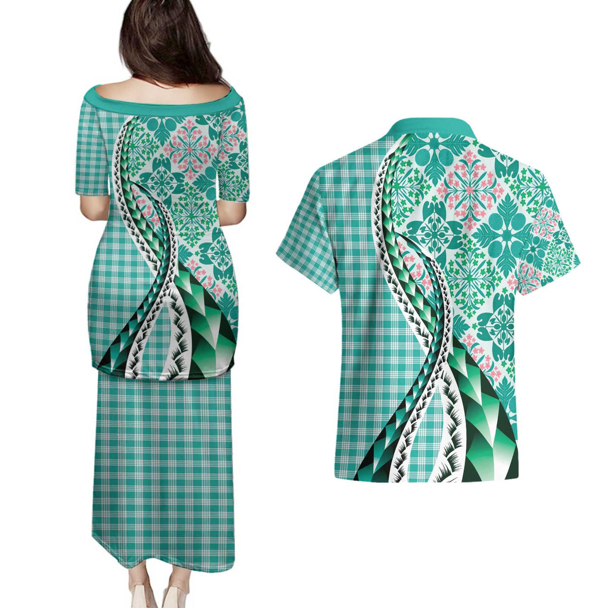 Aloha Vintage Palaka Floral Hawaiian Quilt Couples Matching Puletasi and Hawaiian Shirt Polu Motif - Polynesian Pride