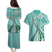 Aloha Vintage Palaka Floral Hawaiian Quilt Couples Matching Puletasi and Hawaiian Shirt Polu Motif - Polynesian Pride