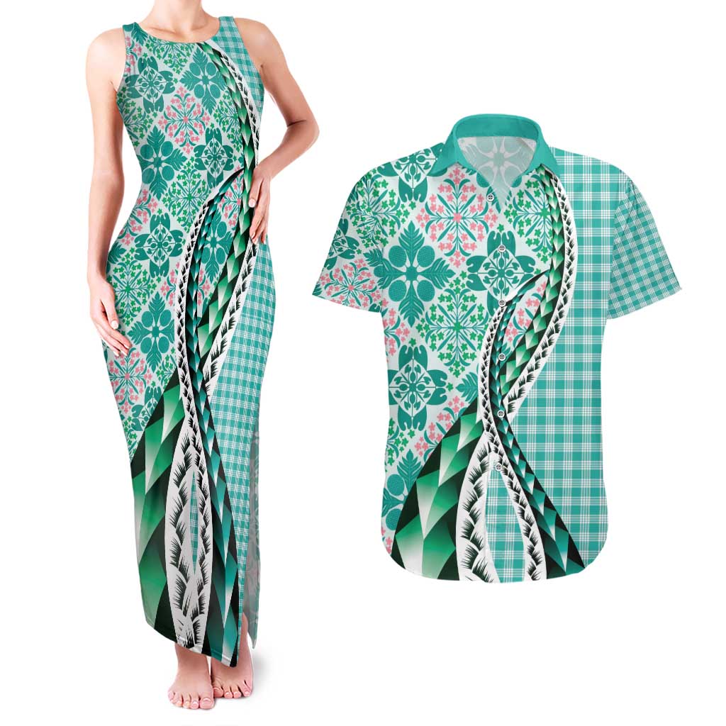 Aloha Vintage Palaka Floral Hawaiian Quilt Couples Matching Tank Maxi Dress and Hawaiian Shirt Polu Motif - Polynesian Pride