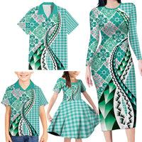 Aloha Vintage Palaka Floral Hawaiian Quilt Family Matching Long Sleeve Bodycon Dress and Hawaiian Shirt Polu Motif - Polynesian Pride