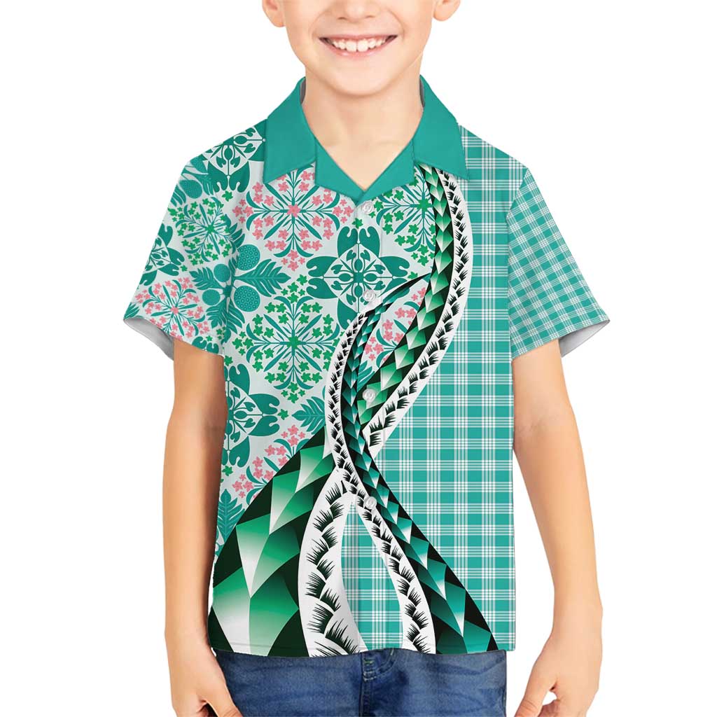 Aloha Vintage Palaka Floral Hawaiian Quilt Family Matching Long Sleeve Bodycon Dress and Hawaiian Shirt Polu Motif - Polynesian Pride