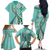 Aloha Vintage Palaka Floral Hawaiian Quilt Family Matching Off The Shoulder Long Sleeve Dress and Hawaiian Shirt Polu Motif - Polynesian Pride
