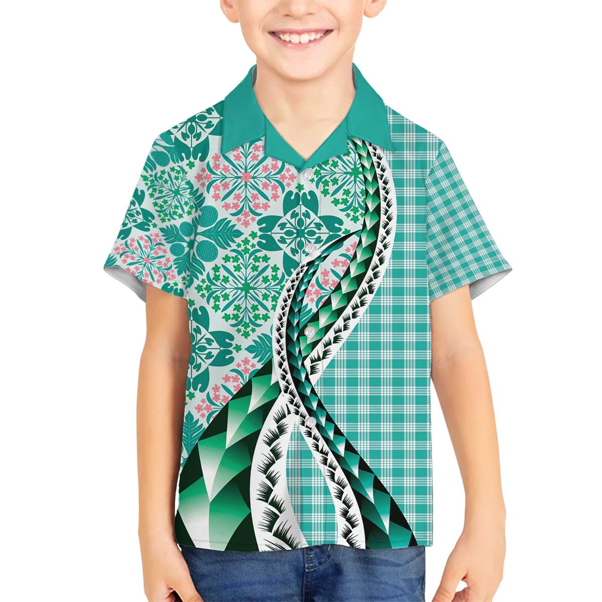 Aloha Vintage Palaka Floral Hawaiian Quilt Family Matching Off The Shoulder Long Sleeve Dress and Hawaiian Shirt Polu Motif - Polynesian Pride