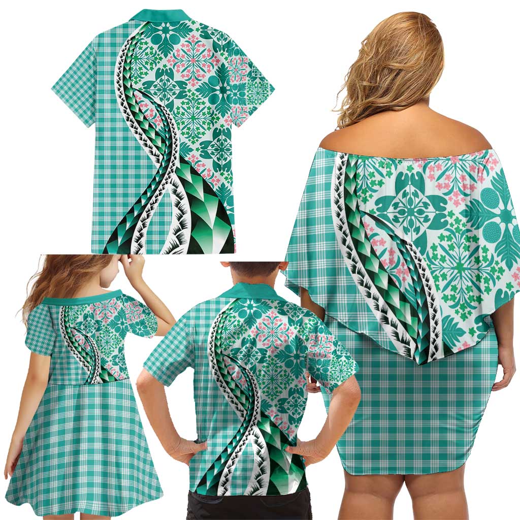 Aloha Vintage Palaka Floral Hawaiian Quilt Family Matching Off Shoulder Short Dress and Hawaiian Shirt Polu Motif - Polynesian Pride