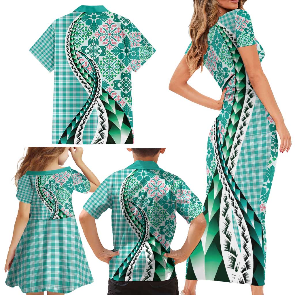 Aloha Vintage Palaka Floral Hawaiian Quilt Family Matching Short Sleeve Bodycon Dress and Hawaiian Shirt Polu Motif - Polynesian Pride