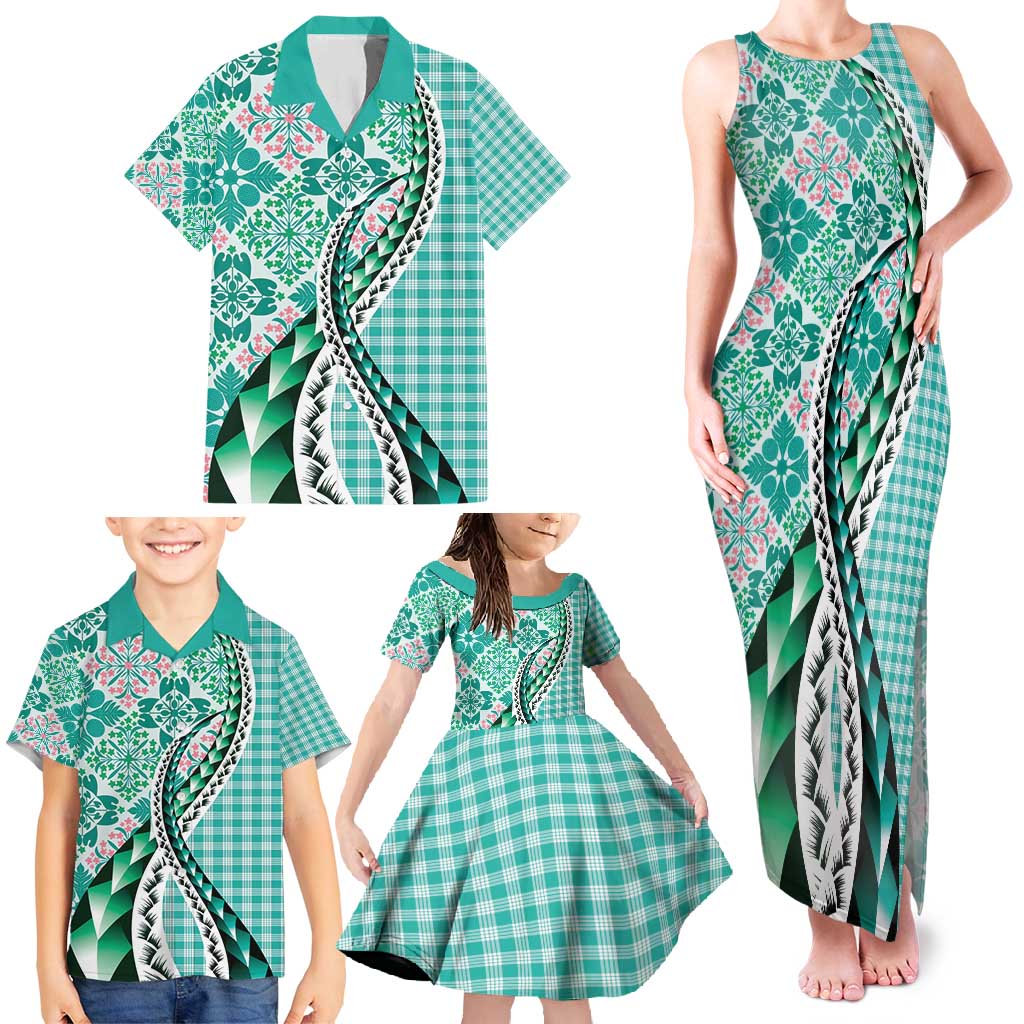 Aloha Vintage Palaka Floral Hawaiian Quilt Family Matching Tank Maxi Dress and Hawaiian Shirt Polu Motif - Polynesian Pride