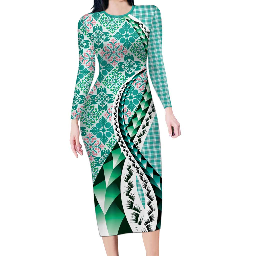 Aloha Vintage Palaka Floral Hawaiian Quilt Long Sleeve Bodycon Dress Polu  Motif