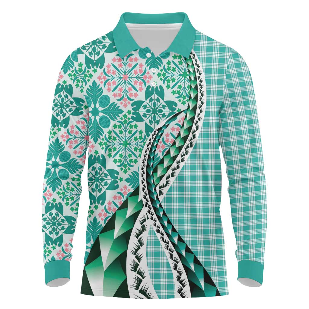 Aloha Vintage Palaka Floral Hawaiian Quilt Long Sleeve Polo Shirt Polu Motif - Polynesian Pride
