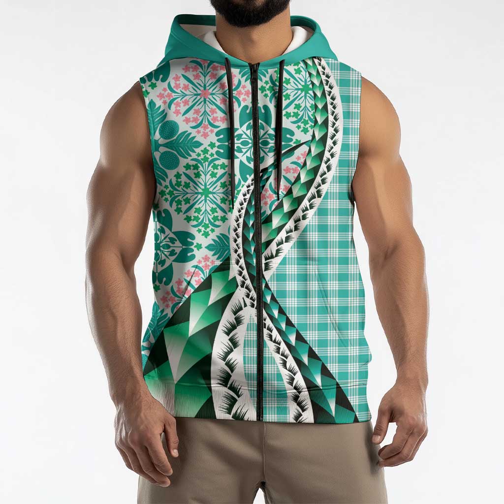 Aloha Vintage Palaka Floral Hawaiian Quilt Sleeveless Zip Hoodie Polu Motif LT9