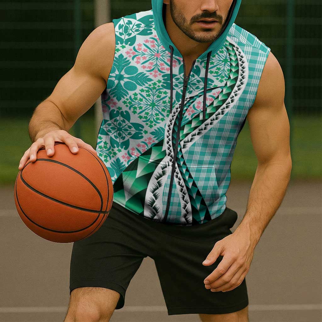 Aloha Vintage Palaka Floral Hawaiian Quilt Sleeveless Zip Hoodie Polu Motif LT9