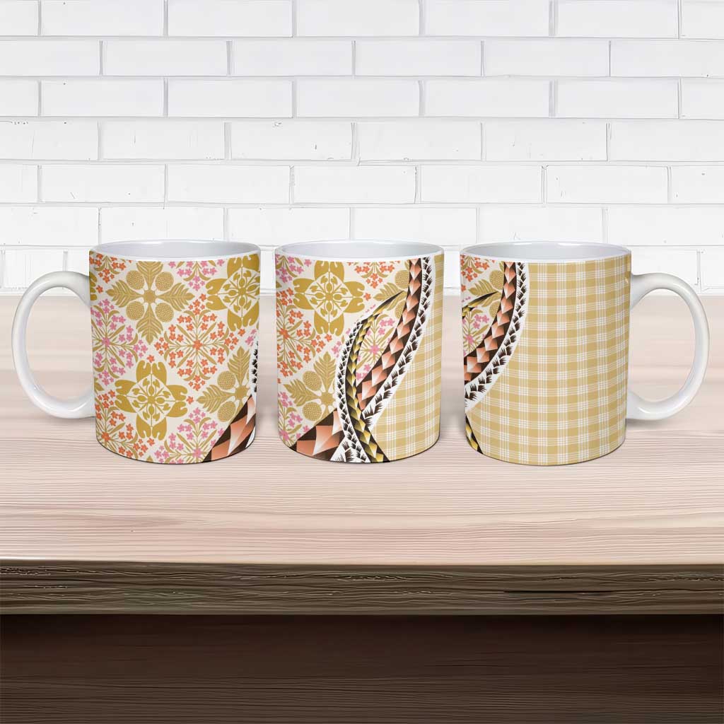 Aloha Vintage Palaka Floral Hawaiian Quilt Ceramic Mug Melemele Motif - Polynesian Pride