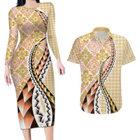 Aloha Vintage Palaka Floral Hawaiian Quilt Couples Matching Long Sleeve Bodycon Dress and Hawaiian Shirt Melemele Motif - Polynesian Pride