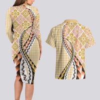 Aloha Vintage Palaka Floral Hawaiian Quilt Couples Matching Long Sleeve Bodycon Dress and Hawaiian Shirt Melemele Motif - Polynesian Pride