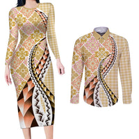 Aloha Vintage Palaka Floral Hawaiian Quilt Couples Matching Long Sleeve Bodycon Dress and Long Sleeve Button Shirt Melemele Motif - Polynesian Pride