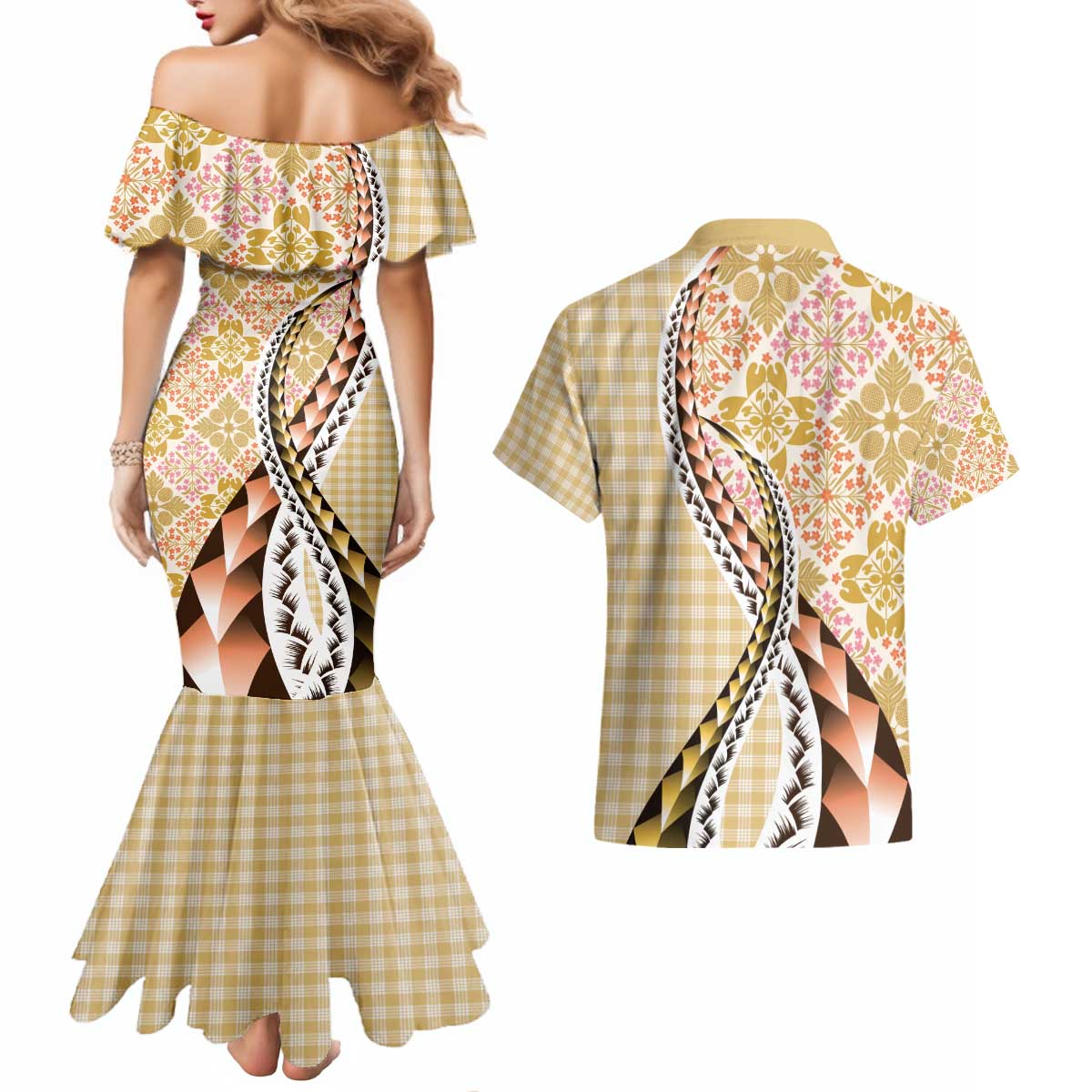 Aloha Vintage Palaka Floral Hawaiian Quilt Couples Matching Mermaid Dress and Hawaiian Shirt Melemele Motif - Polynesian Pride
