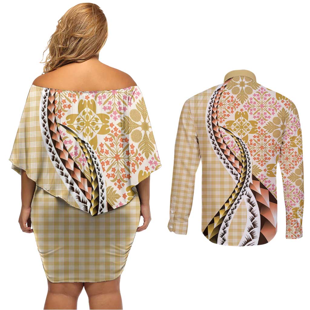 Aloha Vintage Palaka Floral Hawaiian Quilt Couples Matching Off Shoulder Short Dress and Long Sleeve Button Shirt Melemele Motif - Polynesian Pride