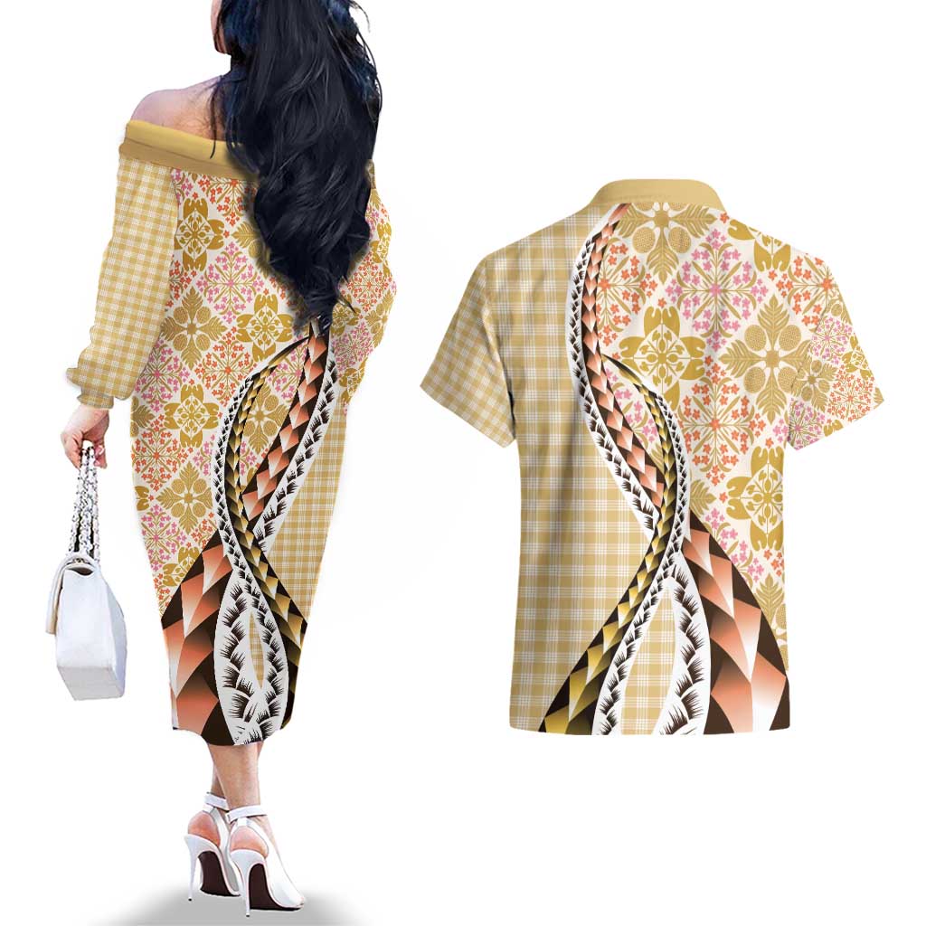 Aloha Vintage Palaka Floral Hawaiian Quilt Couples Matching Off The Shoulder Long Sleeve Dress and Hawaiian Shirt Melemele Motif - Polynesian Pride