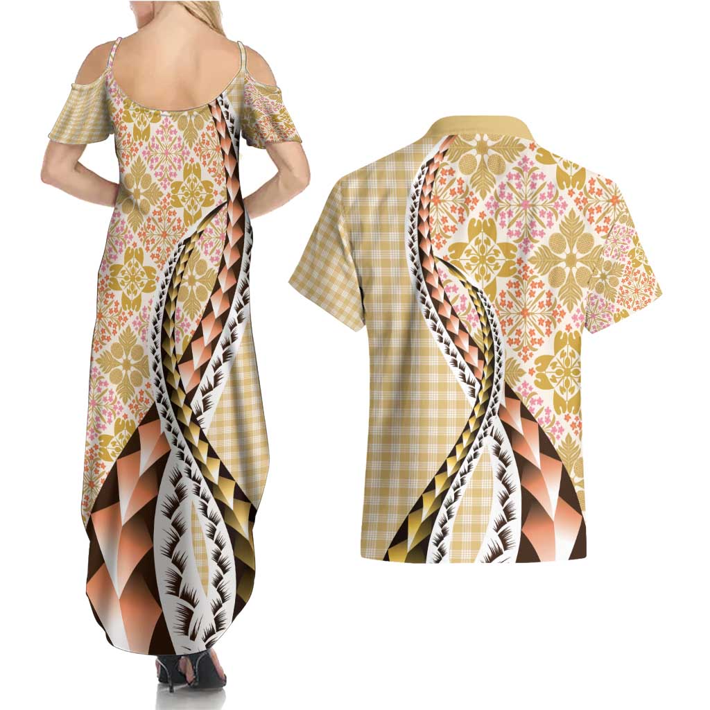 Aloha Vintage Palaka Floral Hawaiian Quilt Couples Matching Summer Maxi Dress and Hawaiian Shirt Melemele Motif - Polynesian Pride