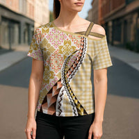 Aloha Vintage Palaka Floral Hawaiian Quilt Cross Shoulder Shirt Melemele Motif - Polynesian Pride