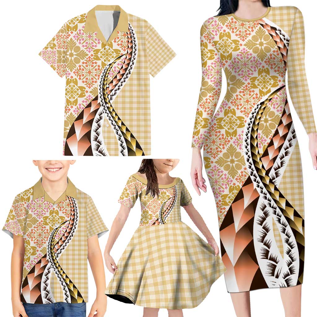 Aloha Vintage Palaka Floral Hawaiian Quilt Family Matching Long Sleeve Bodycon Dress and Hawaiian Shirt Melemele Motif - Polynesian Pride