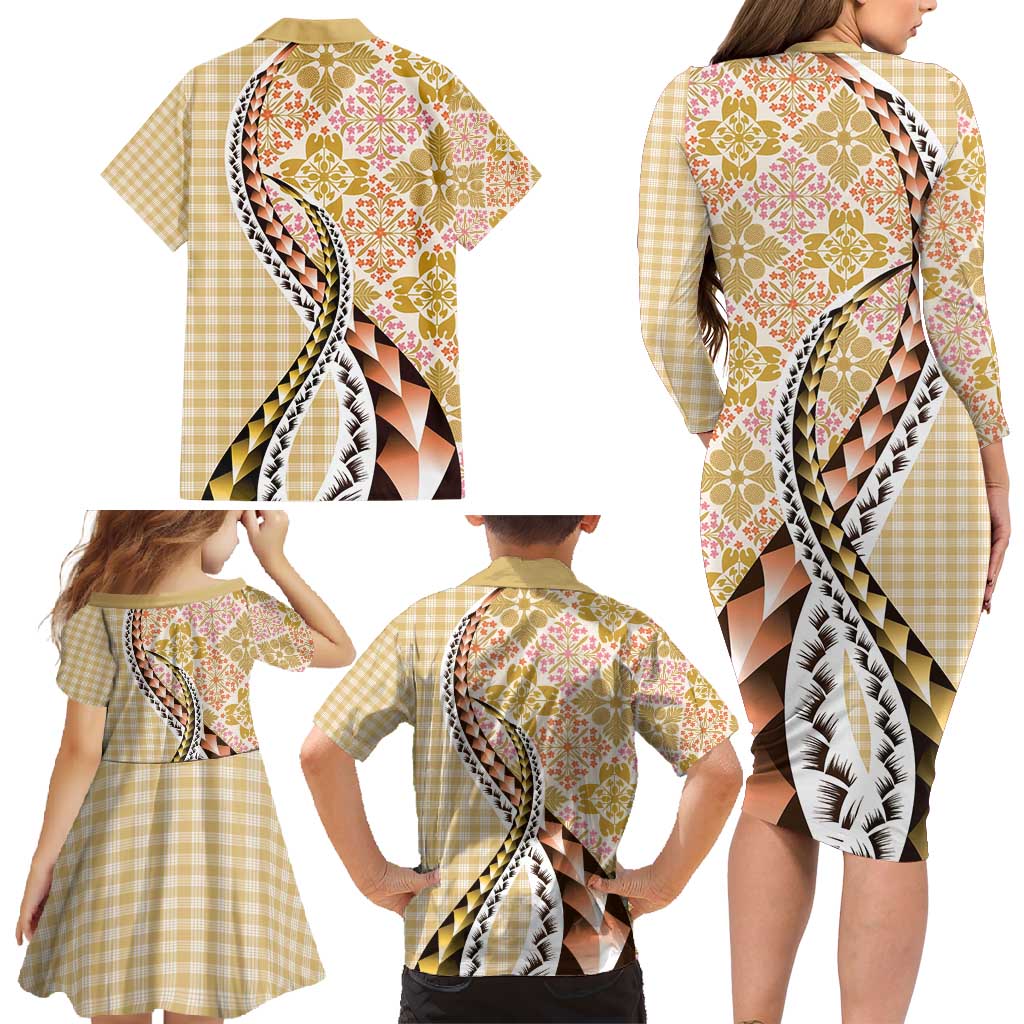 Aloha Vintage Palaka Floral Hawaiian Quilt Family Matching Long Sleeve Bodycon Dress and Hawaiian Shirt Melemele Motif - Polynesian Pride