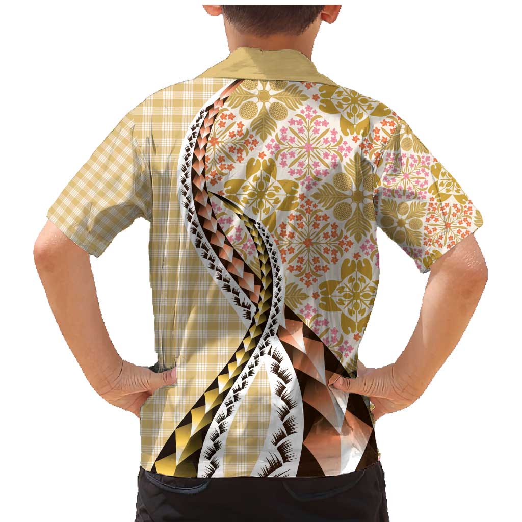 Aloha Vintage Palaka Floral Hawaiian Quilt Family Matching Mermaid Dress and Hawaiian Shirt Melemele Motif - Polynesian Pride