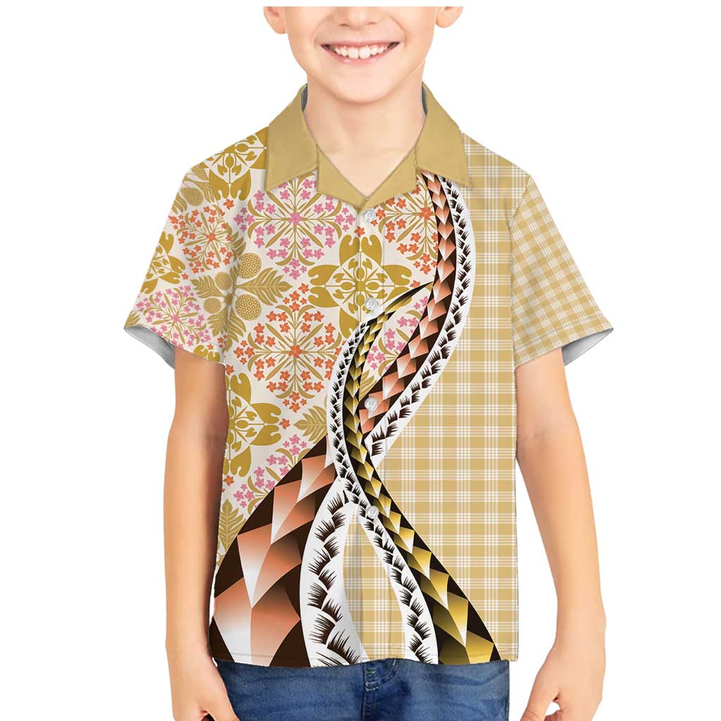 Aloha Vintage Palaka Floral Hawaiian Quilt Family Matching Mermaid Dress and Hawaiian Shirt Melemele Motif - Polynesian Pride