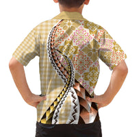 Aloha Vintage Palaka Floral Hawaiian Quilt Family Matching Off The Shoulder Long Sleeve Dress and Hawaiian Shirt Melemele Motif - Polynesian Pride