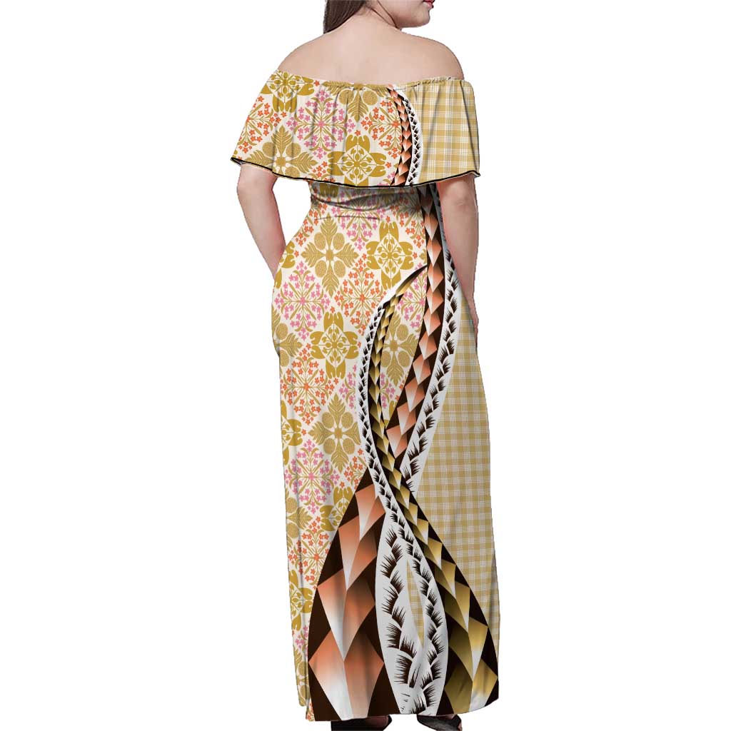 Aloha Vintage Palaka Floral Hawaiian Quilt Family Matching Off Shoulder Maxi Dress and Hawaiian Shirt Melemele Motif - Polynesian Pride