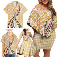 Aloha Vintage Palaka Floral Hawaiian Quilt Family Matching Off Shoulder Short Dress and Hawaiian Shirt Melemele Motif - Polynesian Pride