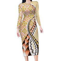 Aloha Vintage Palaka Floral Hawaiian Quilt Long Sleeve Bodycon Dress Melemele Motif - Polynesian Pride