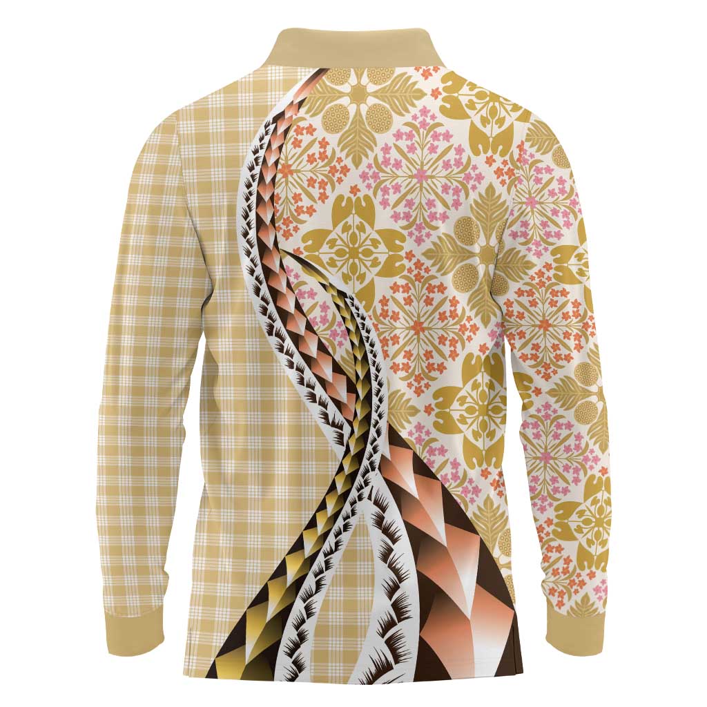 Aloha Vintage Palaka Floral Hawaiian Quilt Long Sleeve Polo Shirt Melemele Motif - Polynesian Pride