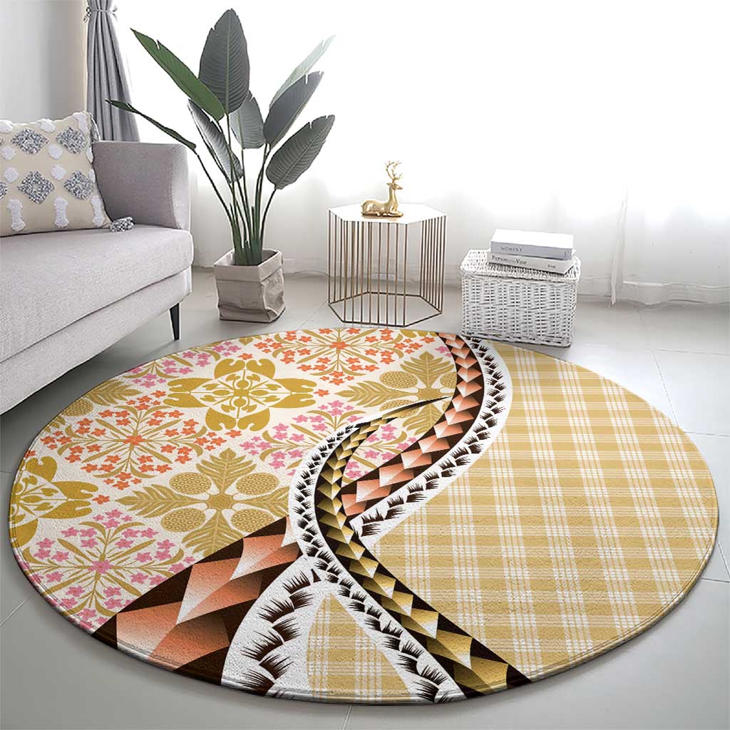 Aloha Vintage Palaka Floral Hawaiian Quilt Round Carpet Melemele Motif - Polynesian Pride
