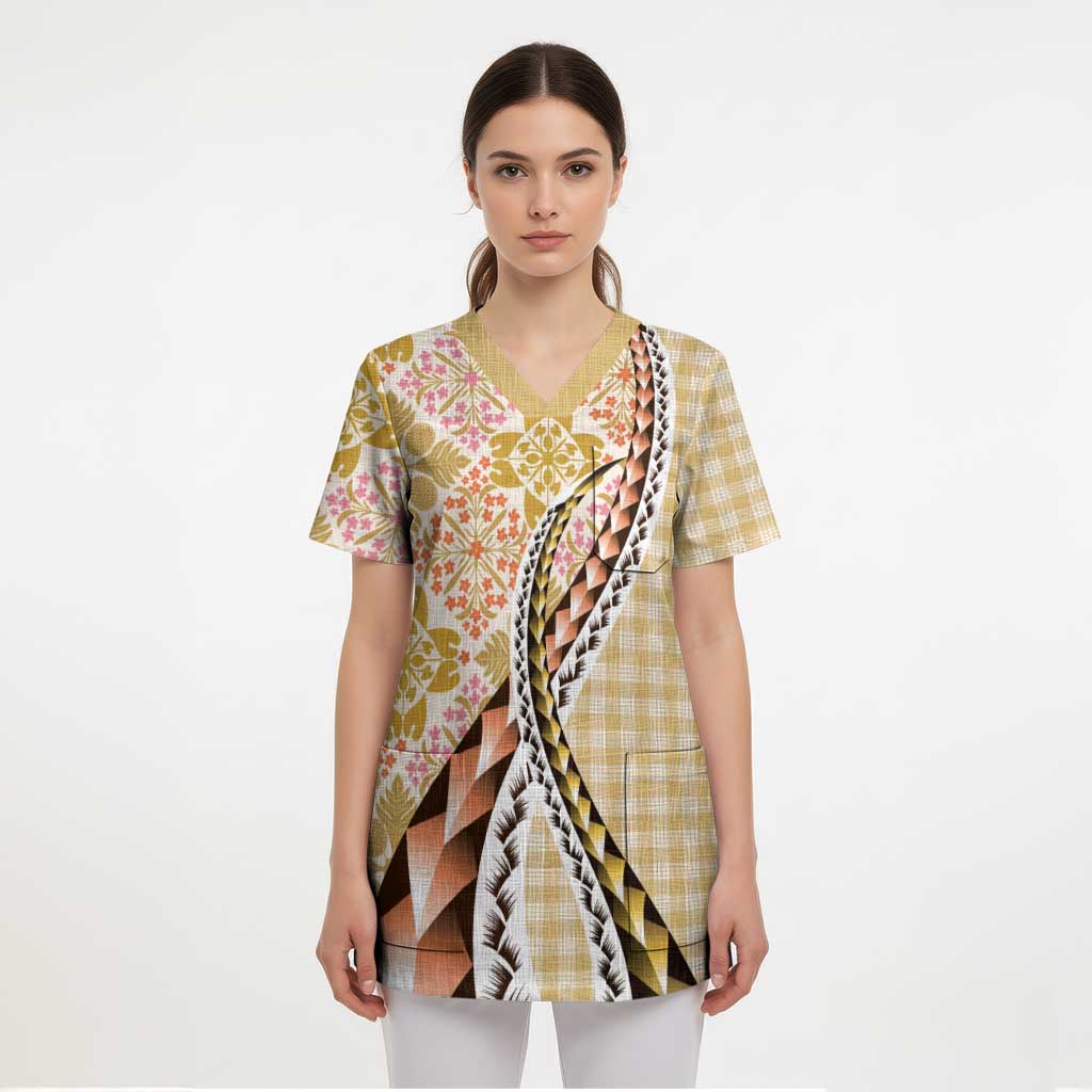 Aloha Vintage Palaka Floral Hawaiian Quilt Scrub Top Melemele Motif - Polynesian Pride