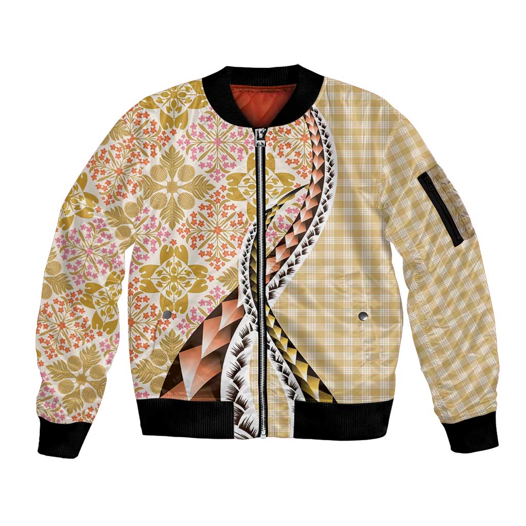 Aloha Vintage Palaka Floral Hawaiian Quilt Sleeve Zip Bomber Jacket Melemele Motif - Polynesian Pride