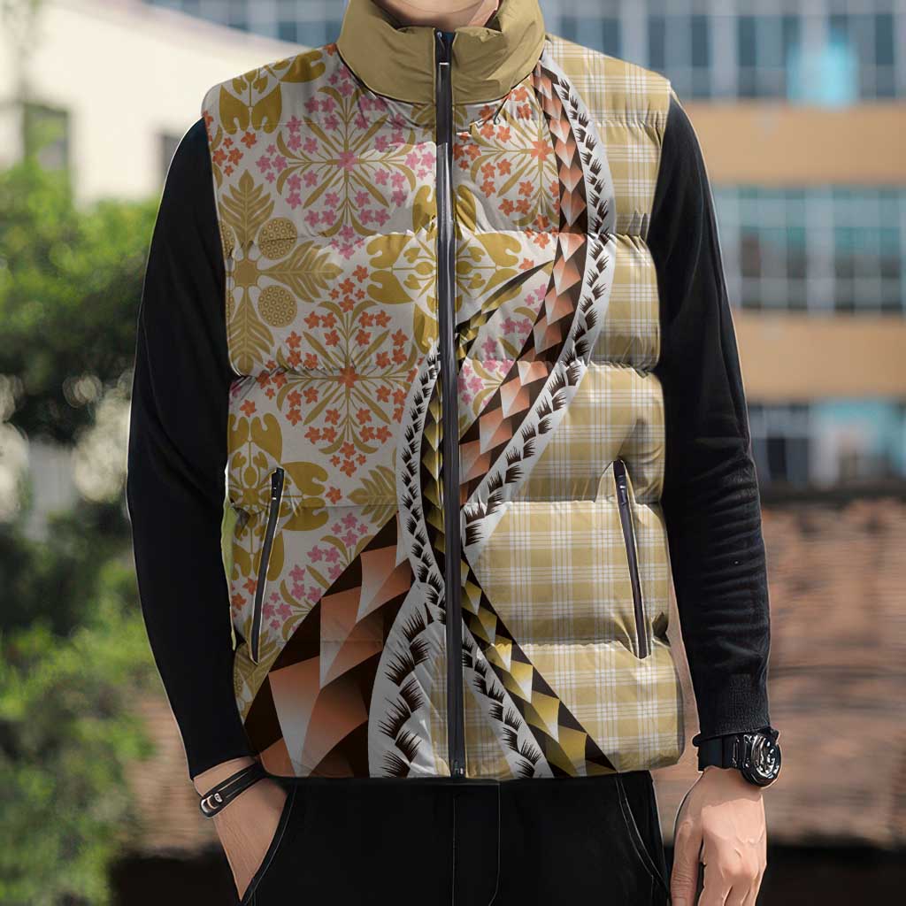 Aloha Vintage Palaka Floral Hawaiian Quilt Sleeveless Puffer Jacket Melemele Motif - Polynesian Pride